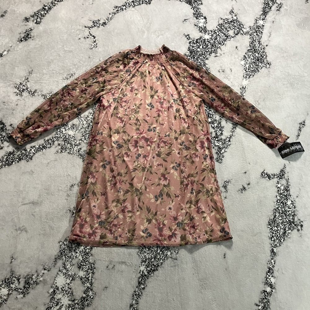 Nina Leonard Floral Long Sleeve Shift Dress Women's Size XL‎ Pink Smocked Neck